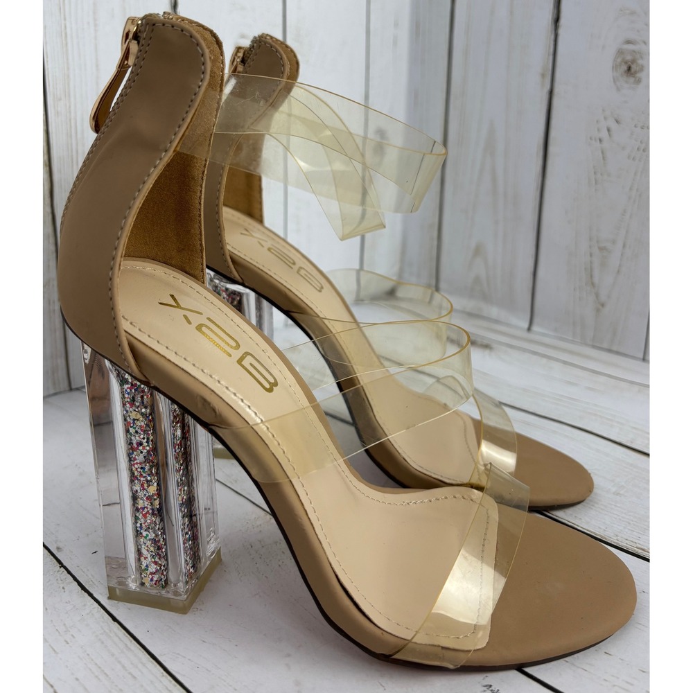 X2B Women Tan Clear Strappy Glitter Confetti Block Heel Sandals Size 5